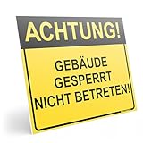 PRINTIMA Achtung Gebäude gesperrt Nicht betreten Schild 40x30 cm – Warnschild Sanierung & Abriss – Zutritt verboten PVC – Inklusive Montageset (Dübel & Schrauben) – Extrem Stabil