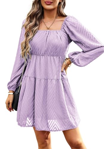 Langarm Kleid Damen Elegant Kurz Chiffonkleid A Linie Minikleider Party Cocktailkleid Square Neck Dress Helles Lila XL