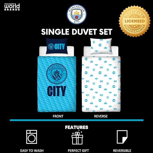 Manchester City FC Official Single Duvet Cover Set, Crestcol Design | Blue Reversible 2 Sided Football Bedding Cover Official Merchandise Including Matching Pillow Case