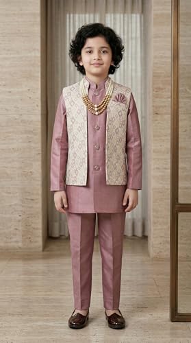Image of AHHAAAA Kids Ethnic Silk Blend Waistcoat Kurta Pyjama 3 Piece Sherwani Set For Boys |540|