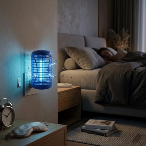 Image of Electric Mosquito Killer Lamp with Shock Grid | UV Light Insect Trap for Mosquitoes & Flying Bugs | Indoor Night Lamp for Home, Bedroom, Kitchen & Office | (Blue, Red, Green) (Blue)