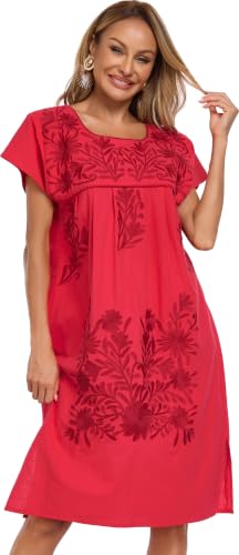 Image of YZXDORWJ Women Mexican Embroidered Long Dress Ruffle Collar Maxi Boho Floral Summer Short Sleeve