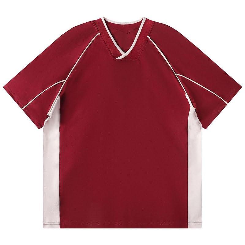 T-Shirt Pur Coton Col en V Manches Courtes Ample Rétro et Respirant