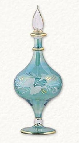 Green Floral Etched Egyptian Blown Glass Perfume Bottle Made in Egypt New