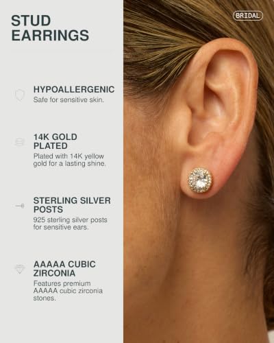 Image of PAVOI 14K Gold Plated 925 Sterling Silver Post Brilliant Round Faux Diamond Halo Earrings - Premium Cubic Zirconia