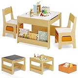 Xbro Mesa y Sillas Infantiles, Mesa con Pizarra y 2 Sillas, Niños Mesa con Reversible, Set de Muebles Infantil, Natural.