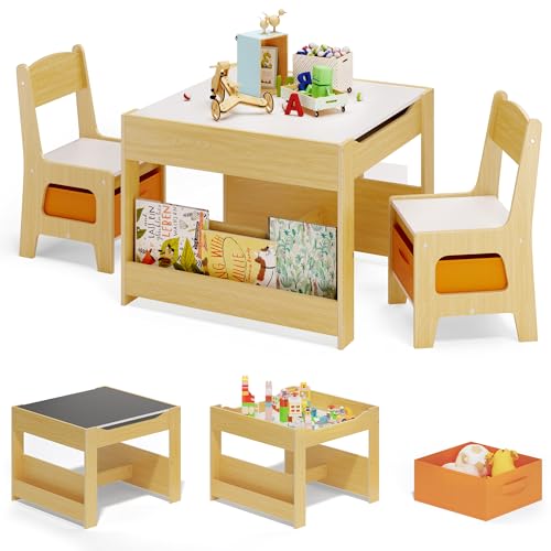 Xbro Mesa y Sillas Infantiles, Mesa con Pizarra y 2 Sillas, Niños Mesa con Reversible, Set de Muebles Infantil, Natural.