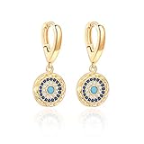 PEARLADA 18K Gold Round Evil Eye Dangle Hoop Earrings for Women Small Micro-inlaid Cubic Zirconia Charm Jewelry Fashion Hammered Coin Earrings