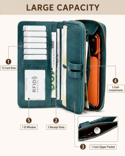 Image of Womens Wallet Rfid Blocking Bifold Leather Wristlet Cute Long Clutch Blue | Large Capacity Card Holder Wallet Purse with Zipper,ID Window,Strap for Female Ladies Teen Girls