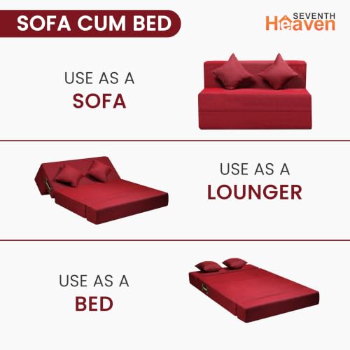 Image of Seventh Heaven 2 Seater 6 * 4 Jute Fabric Washable Cover Sofa Cum Bed with 2 Cushions 2 Seater Double Foam Fold Out Sofa Cum Bed (Finish Color - Maroon Delivery Condition - Pre-Assembled)