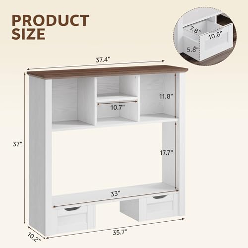 Image of Desk Shelf with Computer Monitor Stand, 37.4''W Desktop Bookshelf Display Rack, Desktop Organizer Storage Rack with Cubbies & Drawers, 5-Tier Hutch for Home, Office, Dorm, Vanity, White&Brown