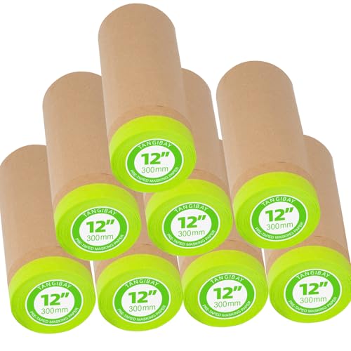 Image of Tangibay Pre-Taped Masking Paper for Painting - 12 inch x 50 feet Tape and Drape Painters Paper, Paint Adhesive Protective Paper Roll for Covering Skirting, Frames, Cars and Auto Body (8 Rolls)