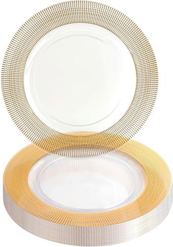 PARTY BARGAINS 13-Inch Charger Plates - 16 Pack, Clear Gold Textured Rim, Heavy-Duty Disposable Chargers for Elegant Dining - Ideal for Weddings and Formal Events
