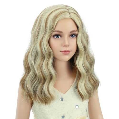 Image of PATTNIUM Blonde Brown Short Curly Wavy Wigs for Kids Girls Side Part Blond Mixed Brown Shoulder Length Heat Resistant Synthetic Wig Halloween Cosplay Costume Party Wigs