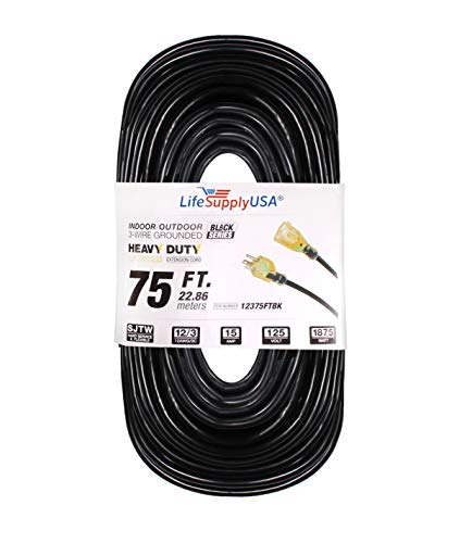 75 ft Extension Cord 12/3 SJTW with Lighted end - Black - Indoor / Outdoor Heavy Duty Extra Durability 15 AMP 125 Volts 1875 Watts by LifeSupplyUSA