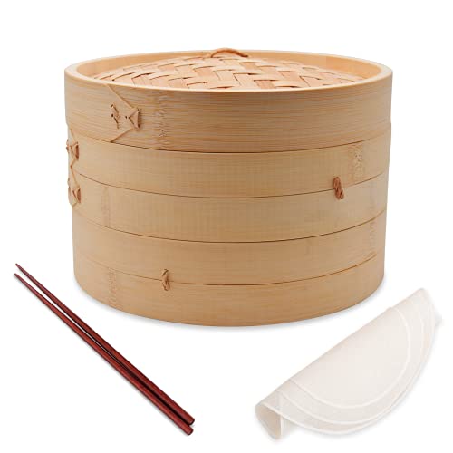 10 Inch Bamboo Steamer, Traditional 2 Tier Steamer Baskets - Cooking Steamer for Dim Sum, Dumplings, Bun, Vegetables, Chicken, Fish, Rice