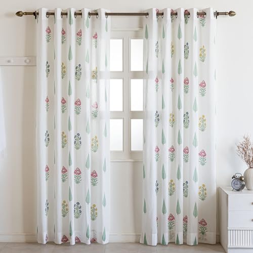 Image of Clasiko Block Print Sheer Door Curtains; 40% Light Filtering Linen Textured Curtains with Eyelets; Set of 2; 54x60 Inches / 5 Feet; Tropical Oasis