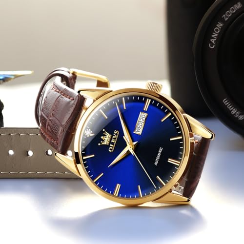 Image of OLEVS Brown Mens Leather Watch Dress Casual Day Date Quartz Wrist Watch