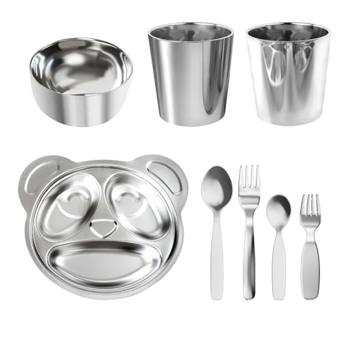Znbskla 8-Piece Childproof Safety Cutlery Set - Premium 304 Stainless Steel, BPA-Free, Dishwasher-Safe, Elegant Design for Toddlers and Children,Includes Divided Plate, Utensils, Cup, and Bowl