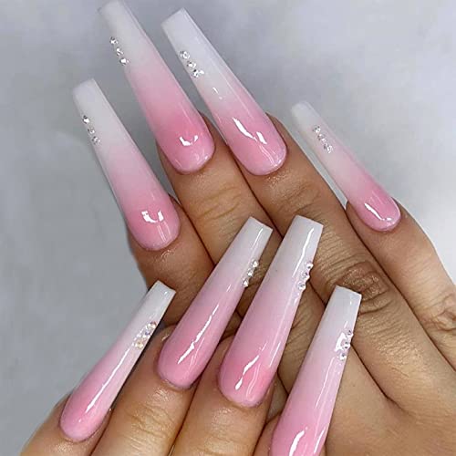 FunBeauty Coffin Fake Nails Extra Long Glossy Ballerina Press on Nails Gradient Pink Ombre False Nails Full Cover Acrylic Fingernails for Women and Girls,25 Piece Set