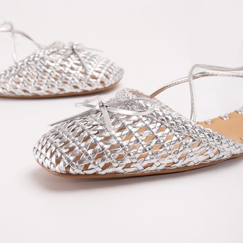 Image of Woven Ballet Flats for Women Lace Up Closed Square Toe Summer Sandals Dressy Shoes