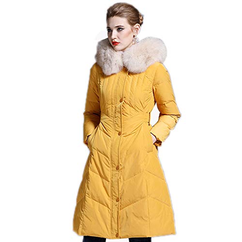 LABYSJ Women's Long Down Jacket, Stylish Temperament Big Fur Collar Slim Thick Outdoor Windproof Jacket,Yellow,XXL