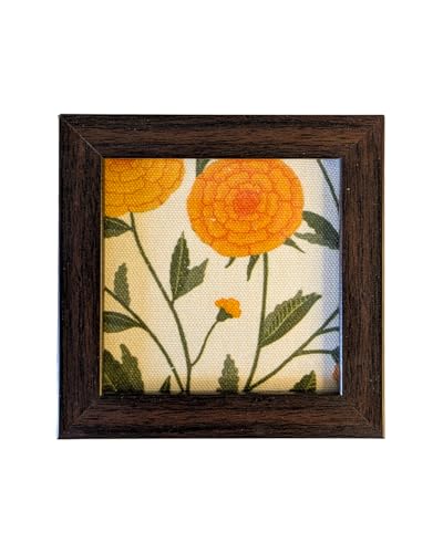 Image of Coaster | Wooden Square Shaped Frame | Stylish Ethnic Tabletop Design | Ideal for Home & Office | Perfect for Tea Cups, Coffee Mugs & Glasses (Marigold, Set of 2)