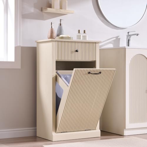 Image of IFBUY Tilt Out Laundry Hamper Cabinet, Modern Trash Can Cabinet, Cream