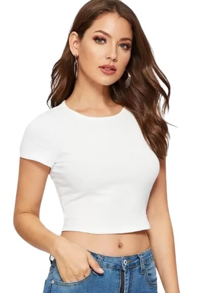 Image of Womens Round Neck Casual Solid Crop Top
