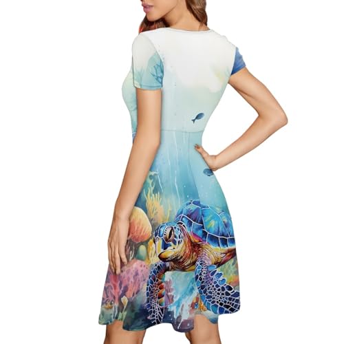 Image of Forchrinse Underwater Sea Turtle Tunic Dress for Women Plus Size Summer Dress Round Neck Short Sleeve Midi Tank Dress Loose Fit Flowy Swing Sundress,S-4XL, 3X-Large