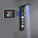 ROVATE LED Shower Panel Tower System - Rainfall Waterfall Shower, Round Body Jets, Handheld and Tub Spout, Digital Temp-Display, LED Knob, No Battery Needed 5-in-1 Stainless Steel Shower Column Black