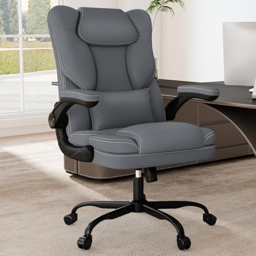 Ergonomic Office Chair with Flip-up Armrests 300lbs,Middle-Tall Computer Office Desk Chair with Lumbar Support,Executive PU Leather Chair with Rocking Function Adjustable Height for Home Office