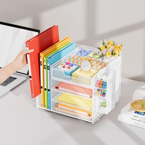 Marbrasse Schreibtisch Organizer mit Aktenhalter,4-Tier Briefablage Ablagefächer,Fachschubladen,Hängen Stifthalter,Mesh Schreibtisch Papier Ablage für HausBüro Bedarf Dokumentenablage (Weiß)