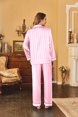 Image of Ekouaer Women's Classic Button Down Long Satin Silk Pajama Set