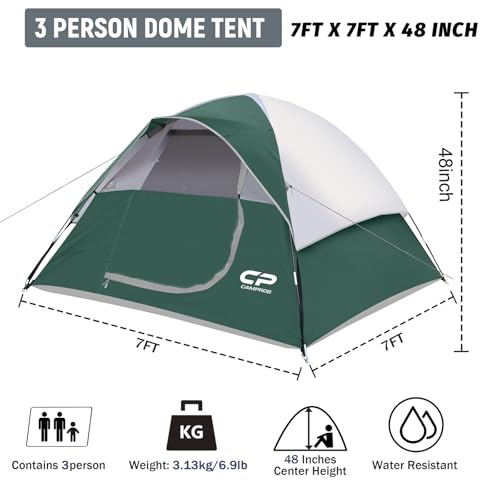 Image of CAMPROS CP 3 Person Tent, Dome Tents for Camping with Rainfly, Waterproof Camping Tent Easy Set Up, Portable Family Tent with Large Mesh Window & Carry Bag for Outdoor Hiking