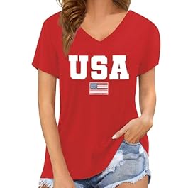 4th of July Shirts Women USA T-Shirt American Flag V-Neck Tee Tops