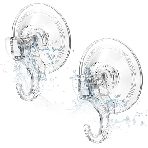 Elegear Suction Hooks for Bathroom 3Kg Heavy Duty Plastic Strong Vacuum Suction Cup Reusable Sucker Hook for Shower Kitchen Window Front Door Hanging Towel Caps Bags Coats Xmas Wreath 2 Pack Clear