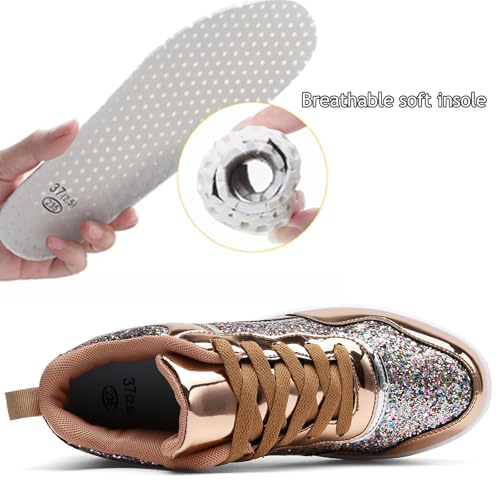 WUIWUIYU Women's Girls' Wedge Platform Shiny PU Sparkly Sequins Glitter Lace-Up Sneakers Street Dance Shoes3