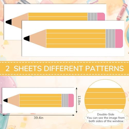 Image of Whaline 39.4'' Extra Large Pencil Window Clings Back to School Decoration | Double Sided Reusable Anti-Collision Windows Decals for First Day of School Reading Classroom Door Wall Decor, 2 Sheets
