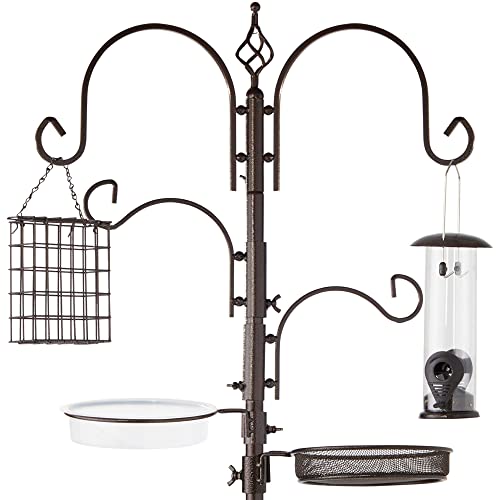 Best Choice Products 91in 4-Hook Feeding Station, Steel Multi-Feeder Kit Stand for Attracting Wild Birds w/ 2 Bird Feeders, Mesh Tray, Bird Bath, 4-Prong Base - Bronze