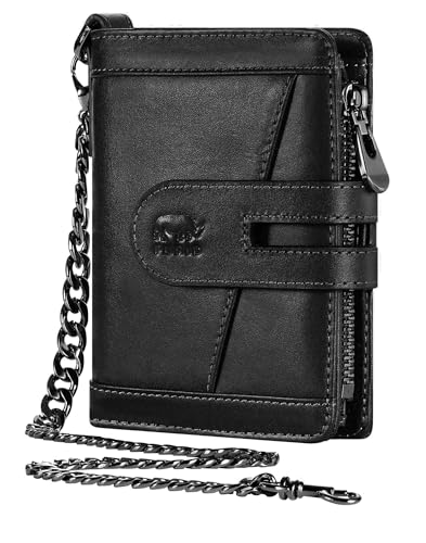 Genuine Leather Chain Wallets for Men: RFID Blocking Mens Wallet with Chain Purse Bifold Zipper Coin Pocket with Anti-Theft Chain, Gift for Father Husband At Birthday