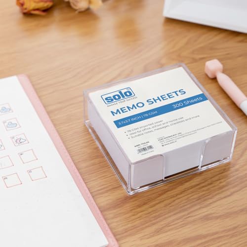 Image of SOLO Memo White Sheets Pack of 2, Plain Non-Sticky 300 Notes, Blank Small Size Note Pad, 78 GSM Loose Sheets, Plastic Holder, Memo Blocks for Notes, Reminders, Study and Organizing (3.7 x 3.7 inch)