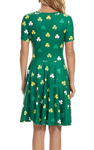 Womens St Patricks Day Dresses Green St. Pattys Day Tshirt Dress Clover Lucky Shamrock Outfits Irish Costume Vintage St Patrick's Day Dress Flowy A Line Dress Mini Skirt Short Sleeve Crew Neck #TOP1