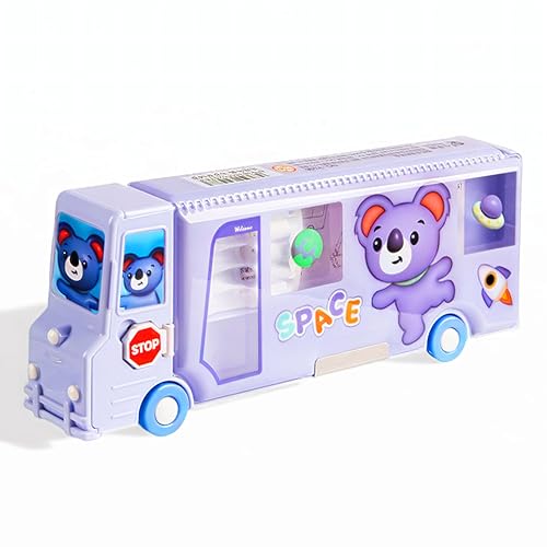 Image of School Bus Pencil Case, Cartoon Pen Box with Sharpener, Large Capacity Stationery Organizer, Best Birthday Gifts for Kids Teens School Supplies(Purple)