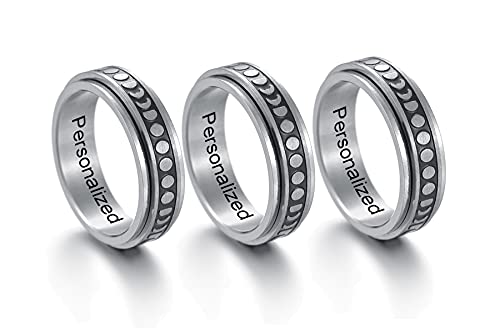 MZZJ BFF Ring for 3 Personazlied BFF Friendship Brushed Stainless Steel Vintage Moon Phase Shape Crescent Spinner Fidget Step Edges Anxiety MeditationRing Wedding Band,Graduation Gift for Best Friends