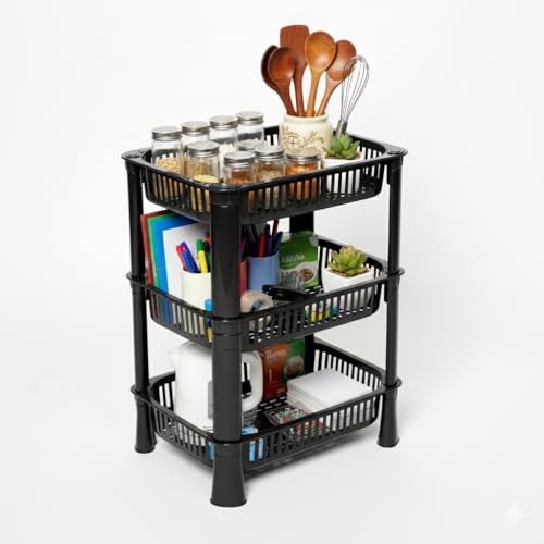 Image of U-Max Multi Tire Kitchen Storage Rack, Plastic Utility Shelf Organiser, Space Saving Storage Solution, Revolving Vegetable Rack (Black-Regular, 3)