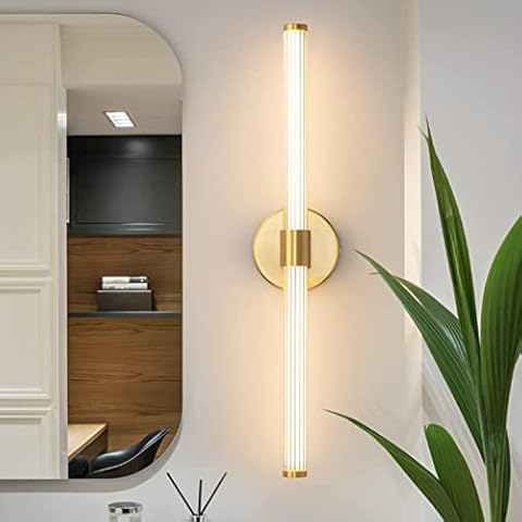 Long Strip LED Wall Lamp, Modern Nordic Style Sconce Linear Gold Wall Light Bar Vanity Light Fixtures for Stairs, Bedroom, Living Room Background Decoration, Mirror, Warm Light 20W Cover