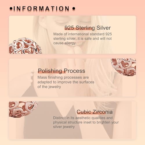 Image of S925 Sterling Silver Rose Gold Romantic Charm Pendant, Gifts for Family Friends Girlfriend, Valentine's Day Birthday Christmas Anniversary, Bracelet Necklace Bead Dangle Charm for Women Jewelry
