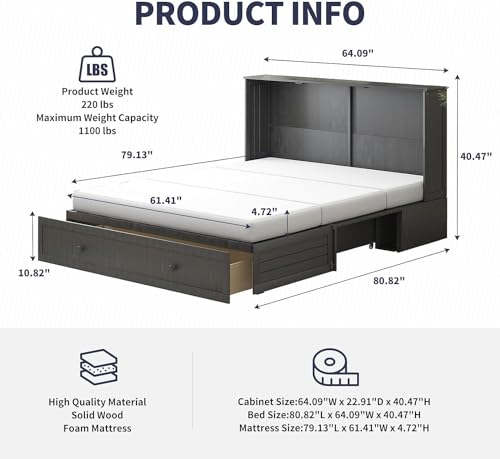 ijuicy Murphy Bed Queen,Cube Chest Cabinet Bed with Charging Station & 3 Level Foldable Memory Foam Mattress & Large Drawer for Guests/Bed Room-Grey - Thumbnail 3