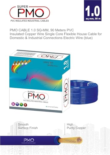 Image of Super PMO PVC Insulated Copper Wire, 90 m, Single Core Flexible Cable for Domestic and Industrial Use (BLUE, 1.00 SQ MM)